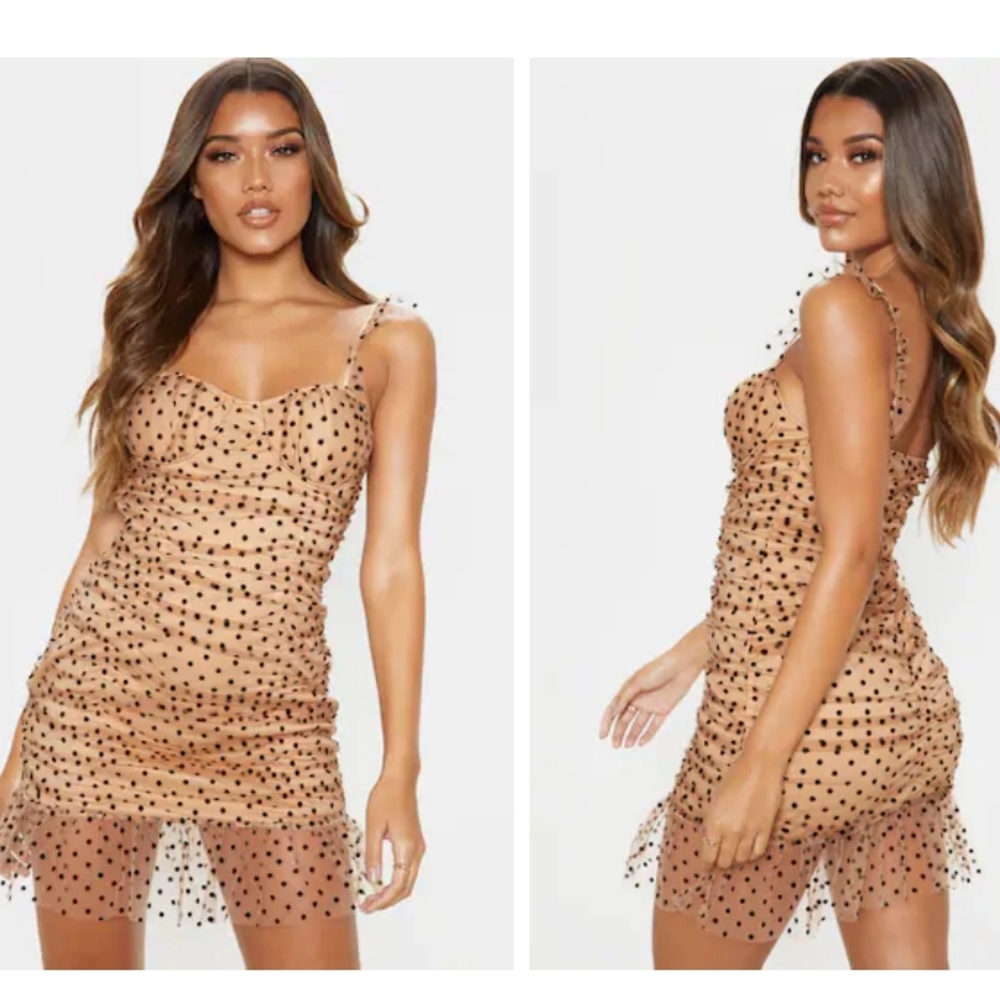 PrettyLittleThing nude polkadot mesh bodycon dress